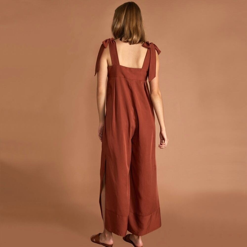 SANCIA The Label Thalita Jumpsuit Romper Shoulder Tie Front Leg SplitRust Medium - Picture 2 of 16